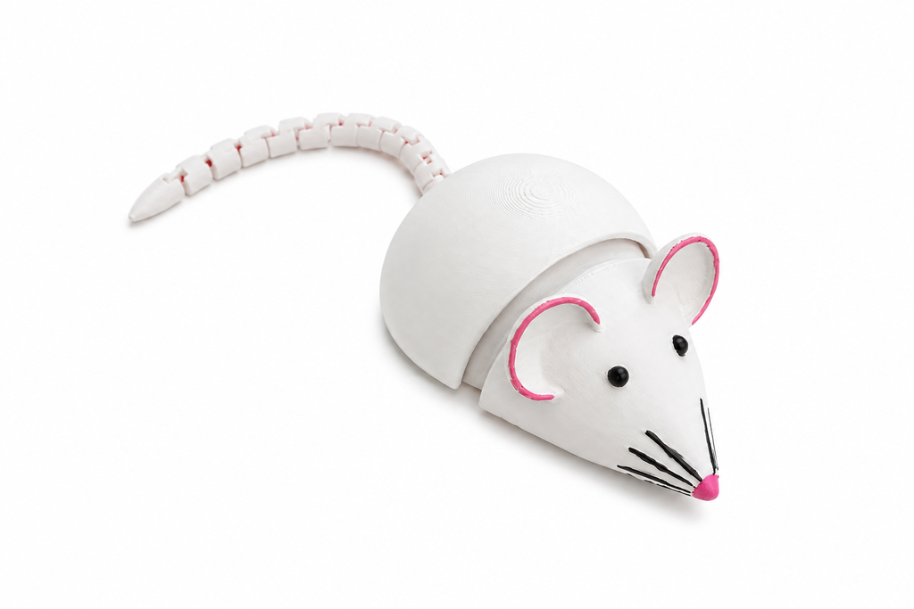 White articulated mouse from behind showing the segmented tail
