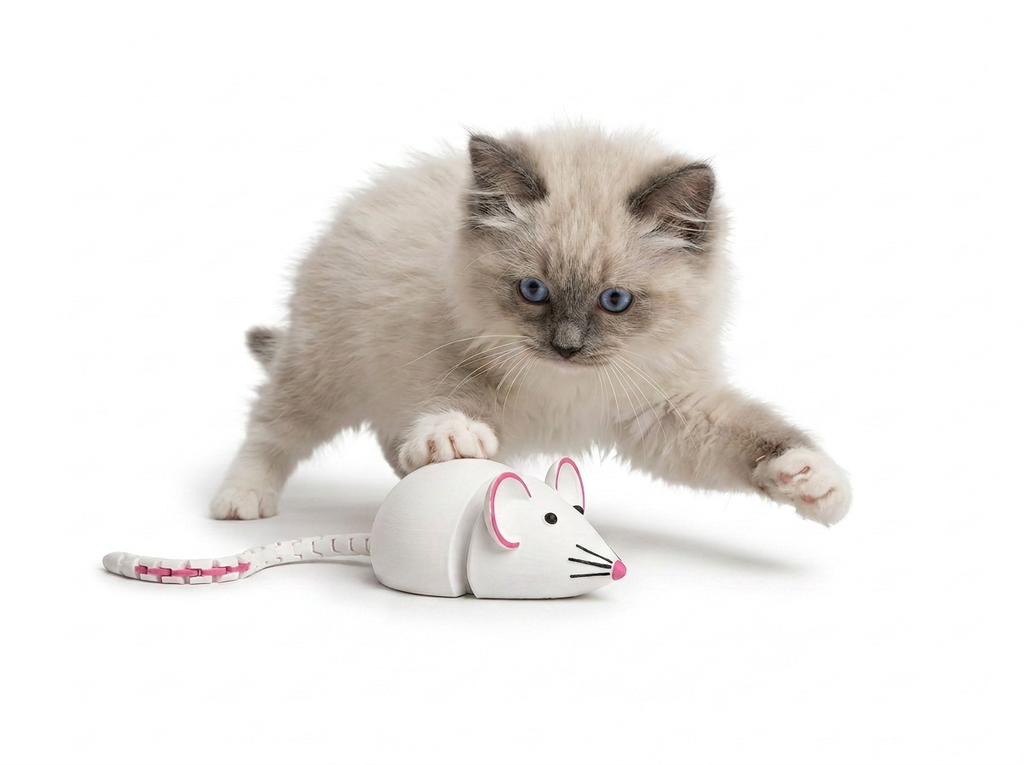 Ragdoll kitten reaching for a white articulated mouse with pink ears