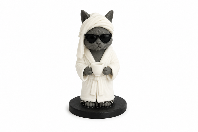 Spa cat figurine in a bathrobe with head towel, sunglasses and cup