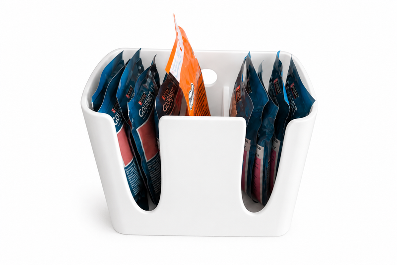 3D printed cat food and treat pouch storage organiser with divided sections