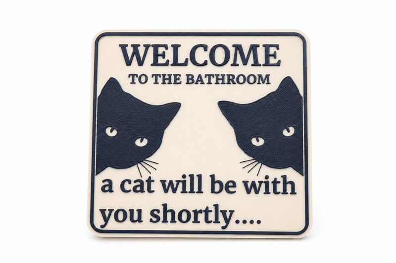 3D printed funny cat bathroom sign reading a cat will be with you shortly